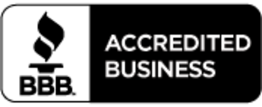A black and white image of an accredited business logo.